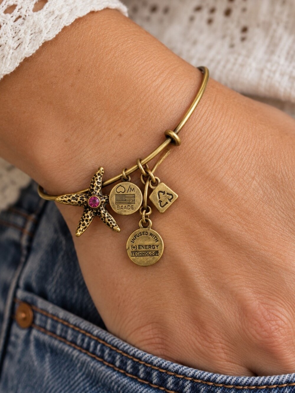 Alex & Ani Starfish Charm Bangle Bracelet with Coloured Accent